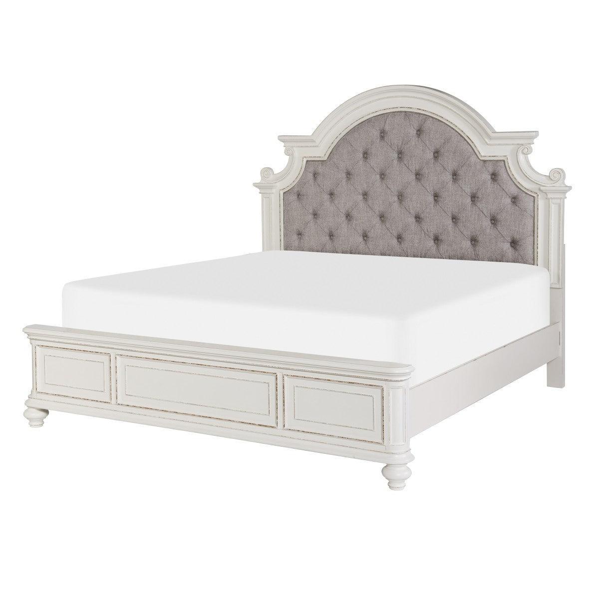 Baylesford Antique White Oak Veneer Wood Engineered Wood Fabric Upholstered Tufted King Queen Bed - Ella Furniture