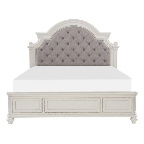 Baylesford Antique White Oak Veneer Wood Engineered Wood Fabric Upholstered Tufted King Queen Bed - Ella Furniture