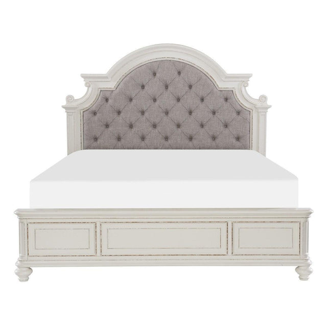 Baylesford Antique White Oak Veneer Wood Engineered Wood Fabric Upholstered Tufted King Queen Bed - Ella Furniture