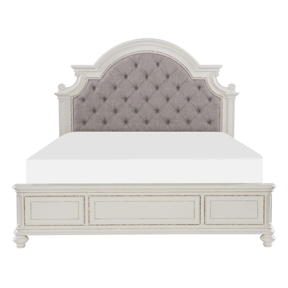 Baylesford Antique White Oak Veneer Wood Engineered Wood Fabric Upholstered Tufted King Queen Bed - Ella Furniture