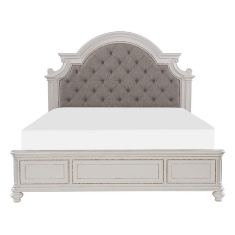 Baylesford Antique White Wood And Engineered Wood Fabric Upholstered Tufted King Panel Bed - Ella Furniture