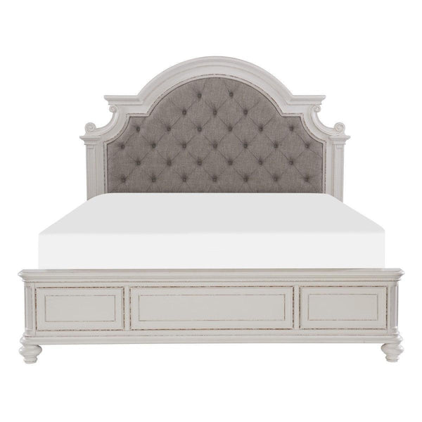 Baylesford Antique White Wood And Engineered Wood Fabric Upholstered Tufted King Panel Bed - Ella Furniture