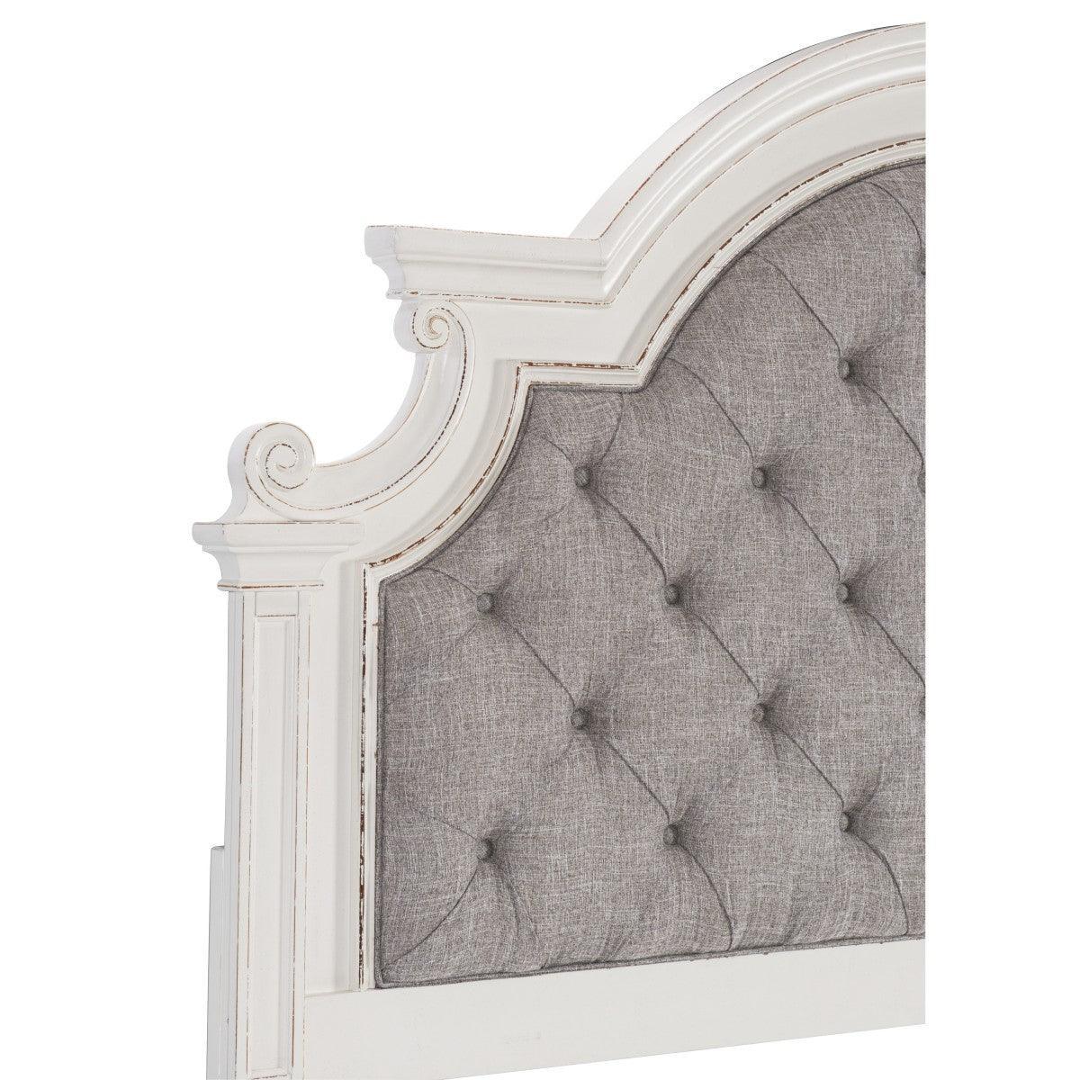 Baylesford Antique White Oak Veneer Wood Engineered Wood Fabric Upholstered Tufted King Queen Bed - Ella Furniture