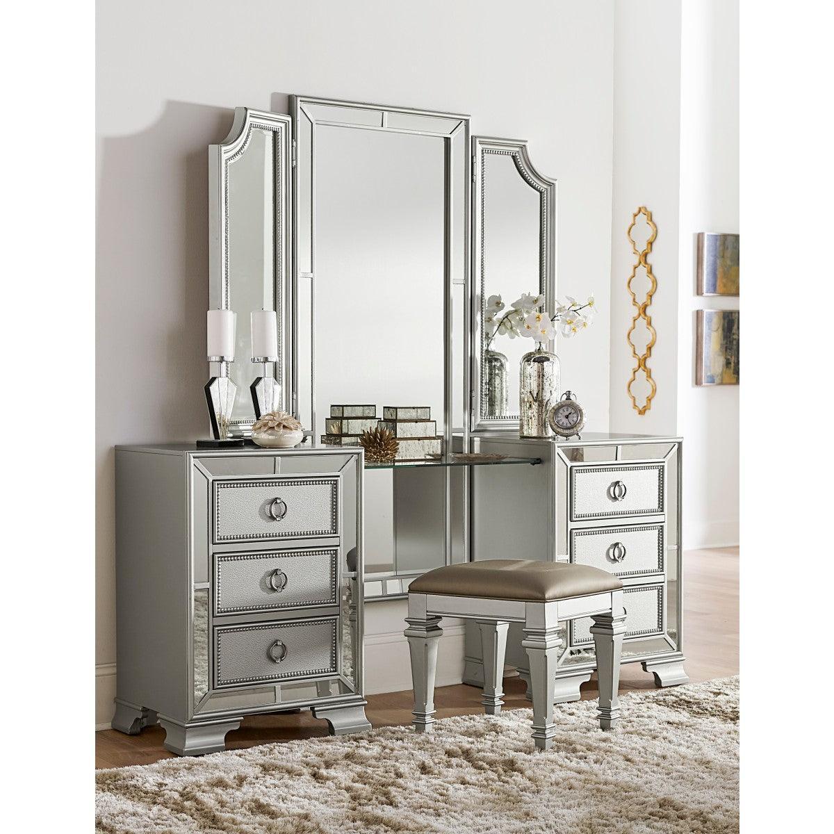 Avondole Silver Modern Traditional Wood And Engineered Wood Vanity Dresser With Mirror - Ella Furniture