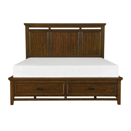 Frazier Park Brown Cherry Modern Contemporary Solid Wood Upholstered Storage Queen Platform Bed - Ella Furniture