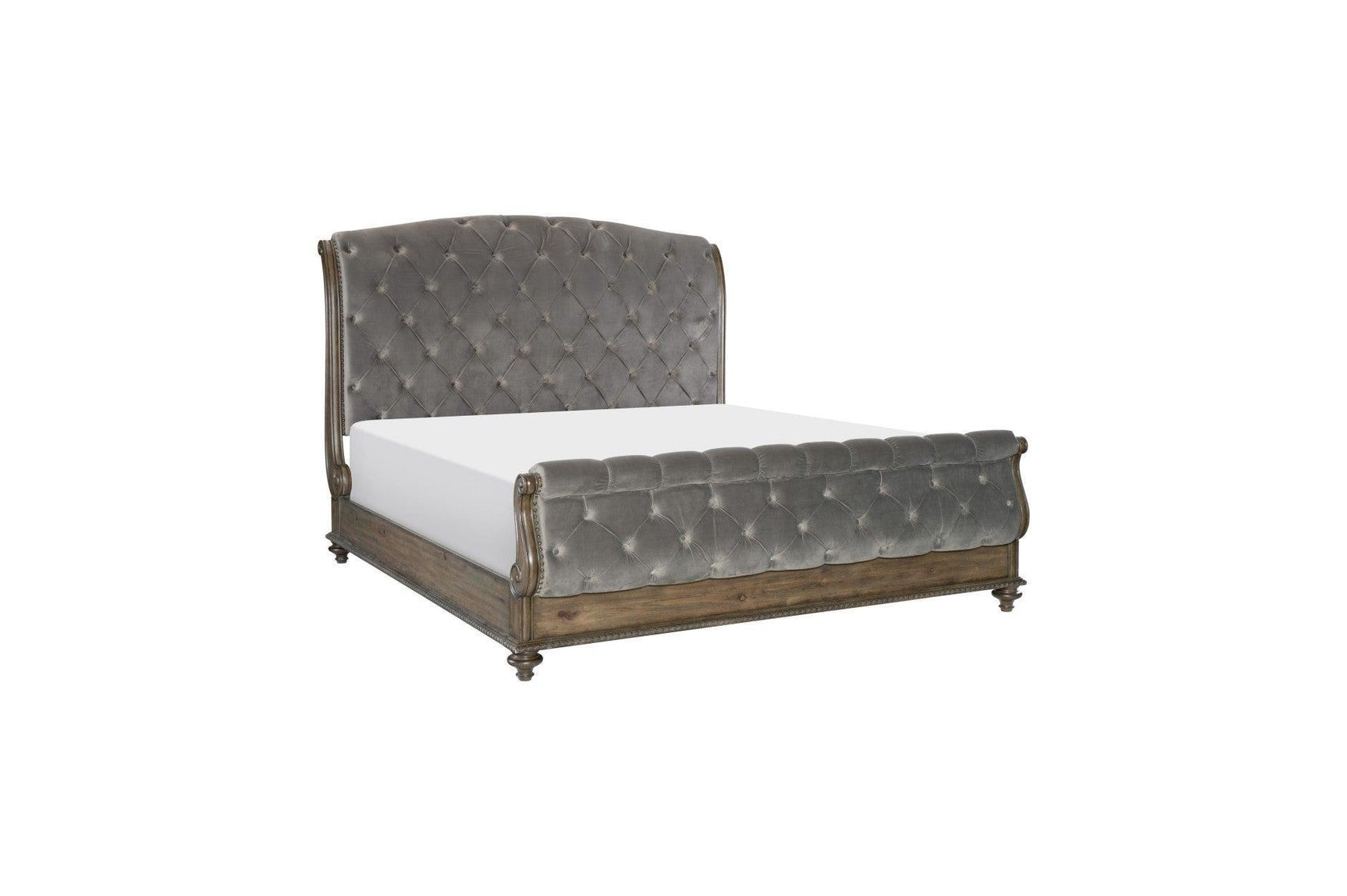 Rachelle Gray Modern Contemporary Solid Wood Velvet Upholstered Tufted Sleigh Bedroom Set - Ella Furniture