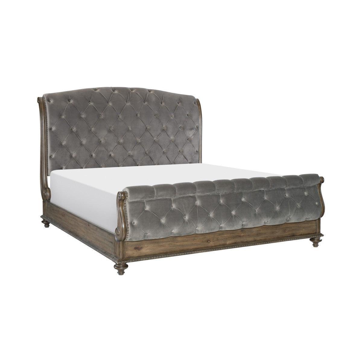 Rachelle Gray Velvet Knotty Pecan Engineered Wood Fabric Upholstery Tufted Queen Sleigh Bed - Ella Furniture