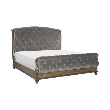 Rachelle Gray Velvet Veneer Wood And Engineered Wood Fabric Upholstery Tufted King Sleigh Bed - Ella Furniture