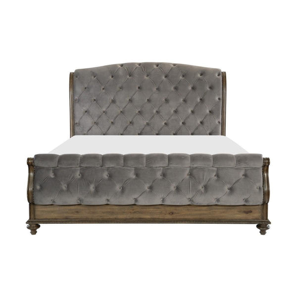 Rachelle Gray Velvet Veneer Wood And Engineered Wood Fabric Upholstery Tufted King Sleigh Bed - Ella Furniture