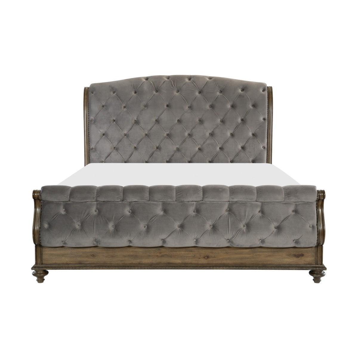 Rachelle Gray Velvet Knotty Pecan Engineered Wood Fabric Upholstery Tufted Queen Sleigh Bed - Ella Furniture