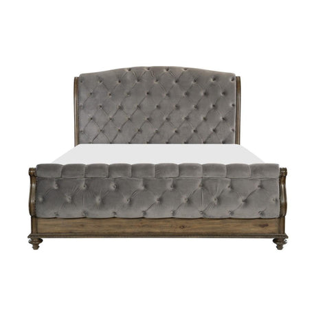 Rachelle Gray Velvet Knotty Pecan Engineered Wood Fabric Upholstery Tufted Queen Sleigh Bed - Ella Furniture