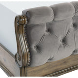 Rachelle Gray Velvet Knotty Pecan Engineered Wood Fabric Upholstery Tufted Queen Sleigh Bed - Ella Furniture