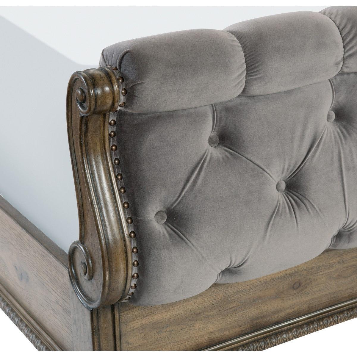 Rachelle Gray Velvet Knotty Pecan Engineered Wood Fabric Upholstery Tufted Queen Sleigh Bed - Ella Furniture
