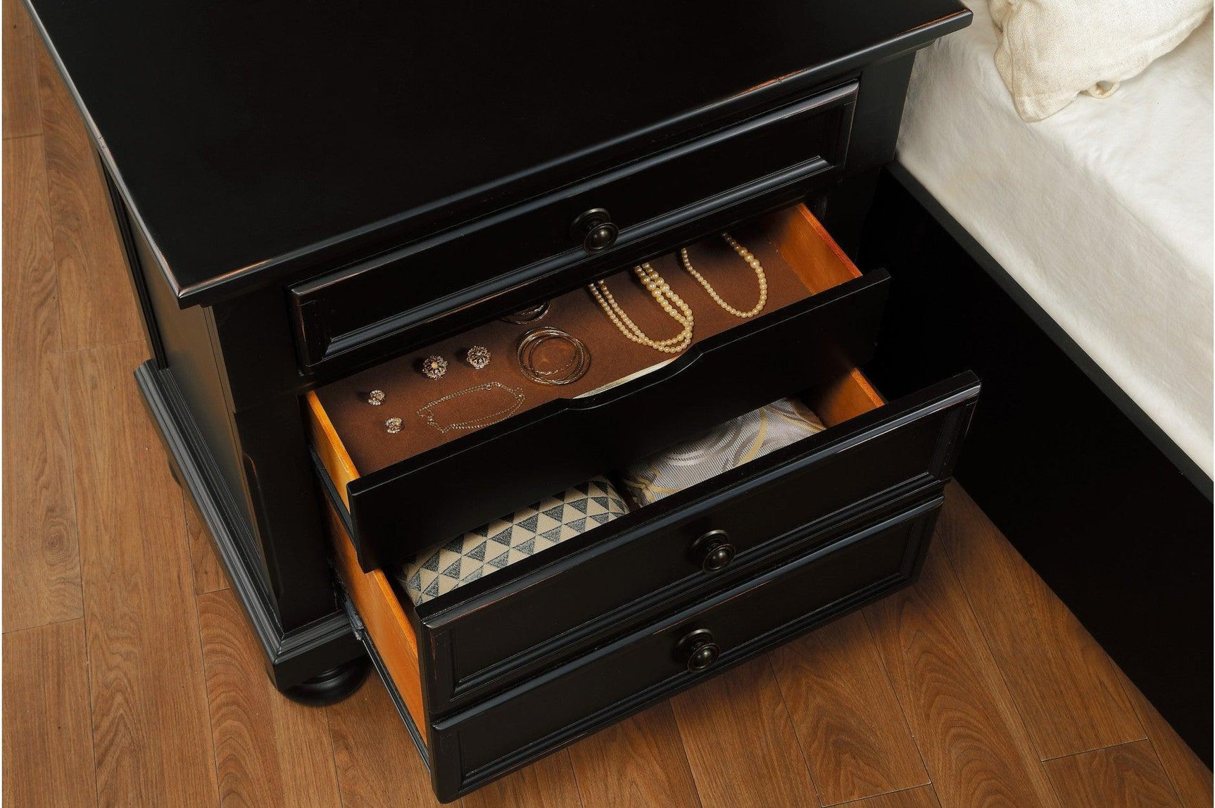 Laurelin Black Sand-through Finish Contemporary Transitional Solid Wood Storage Bedroom Set - Ella Furniture