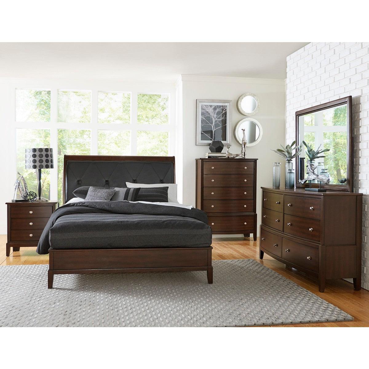 Cotterill Dark Cherry Transitional Engineered Wood Faux Leather Upholstered Tufted Queen Panel Bed - Ella Furniture