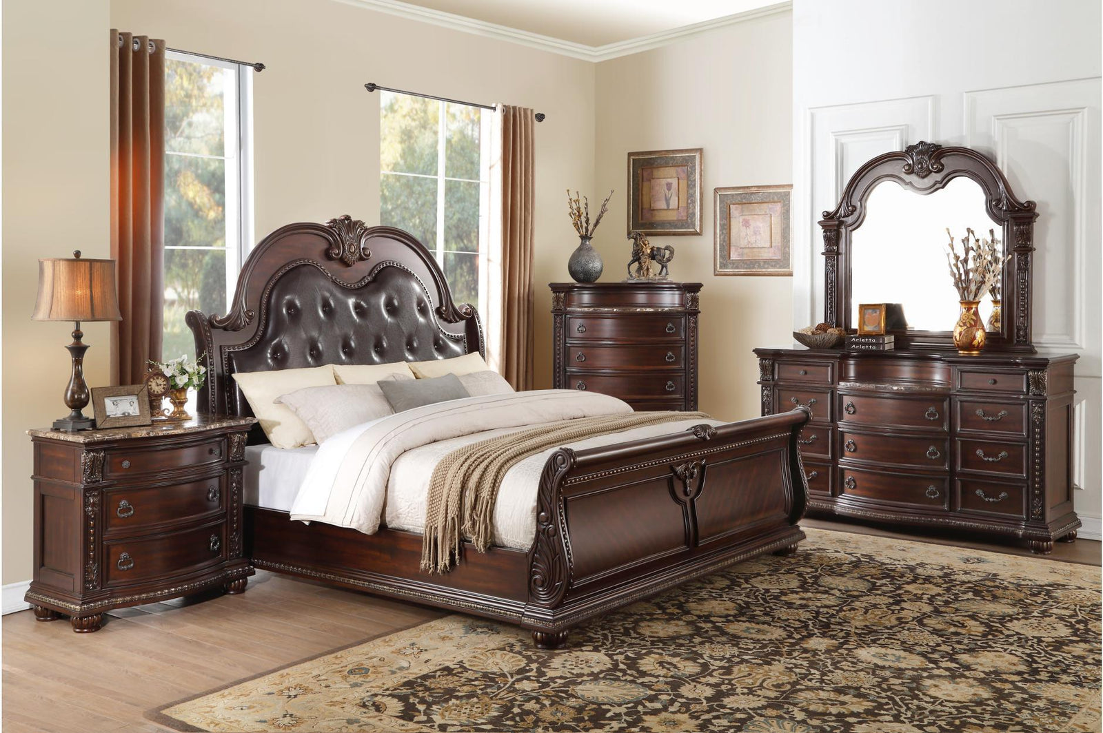 Cavalier Dark Cherry Contemporary Solid Wood Faux Leather Upholstered Tufted Sleigh Bedroom Set - Ella Furniture