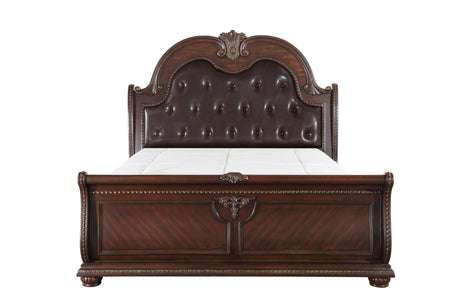 Cavalier Dark Cherry Contemporary Solid Wood Faux Leather Upholstered Tufted Sleigh Bedroom Set - Ella Furniture