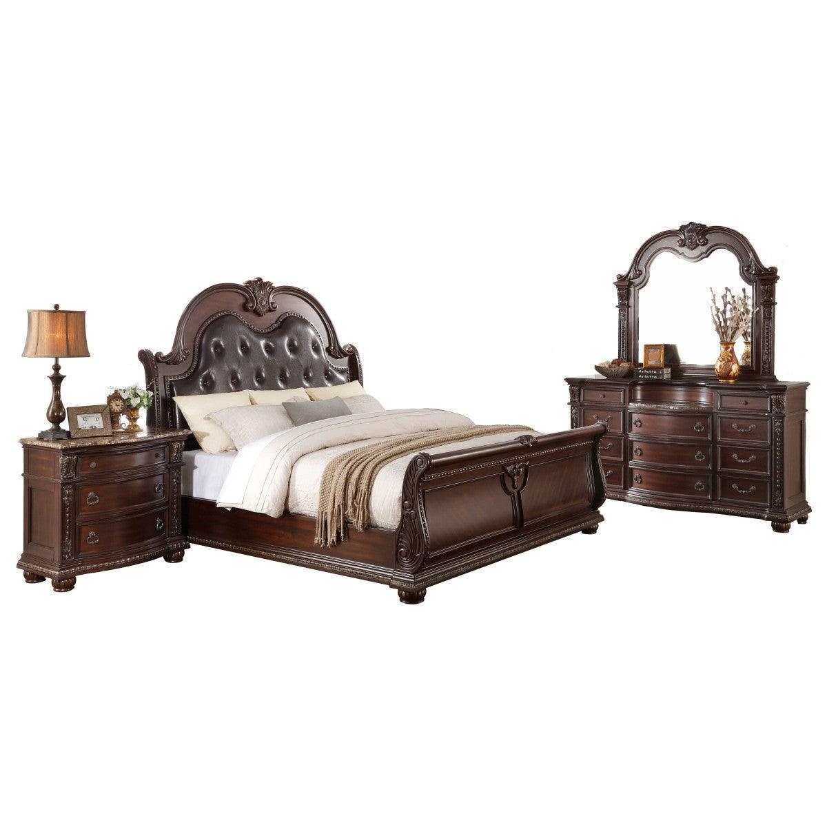 Cavalier Dark Cherry Wood And Engineered Wood Faux Leather Upholstered Tufted King Sleigh Bed - Ella Furniture