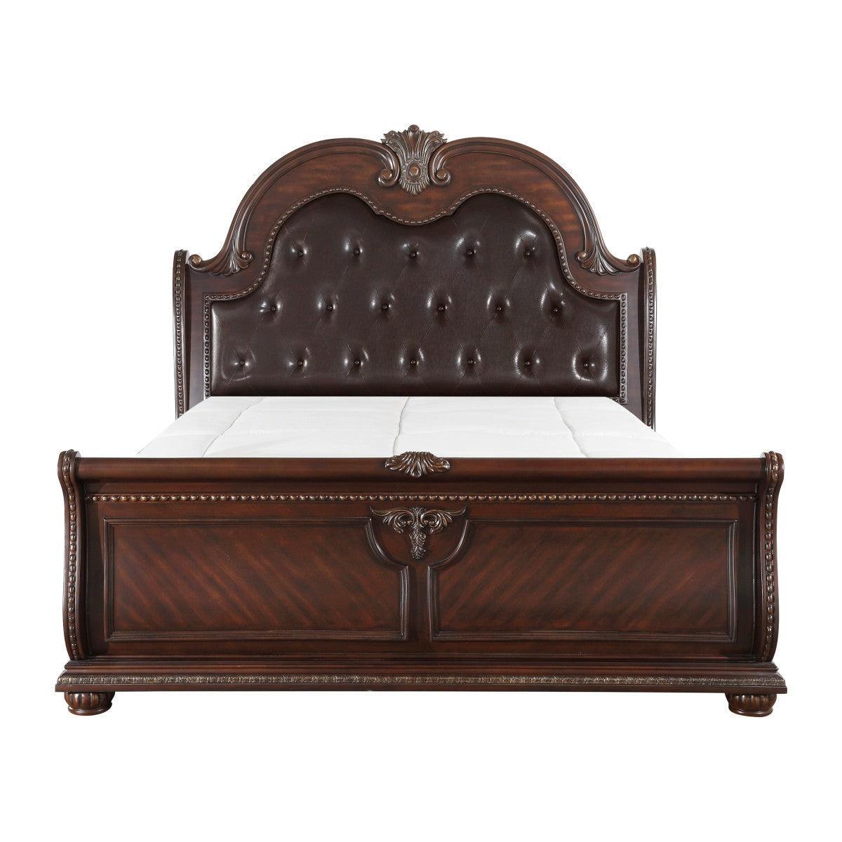 Cavalier Dark Cherry Wood And Engineered Wood Faux Leather Upholstered Tufted King Sleigh Bed - Ella Furniture