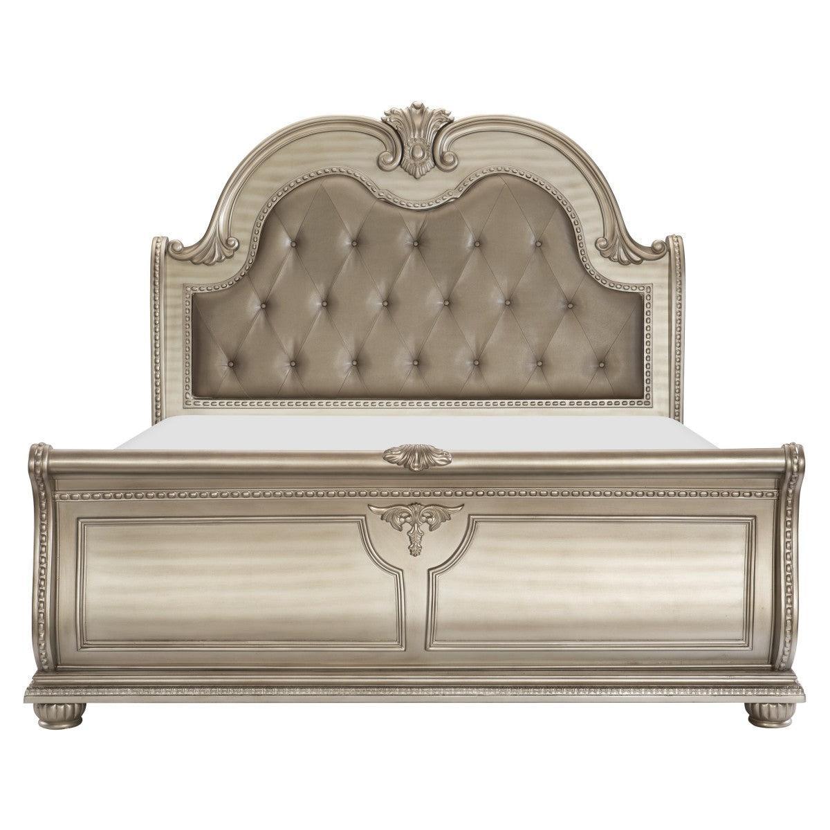 Cavalier Silver Traditional Engineered Wood Faux Leather Upholstered Tufted Queen Sleigh Bed - Ella Furniture