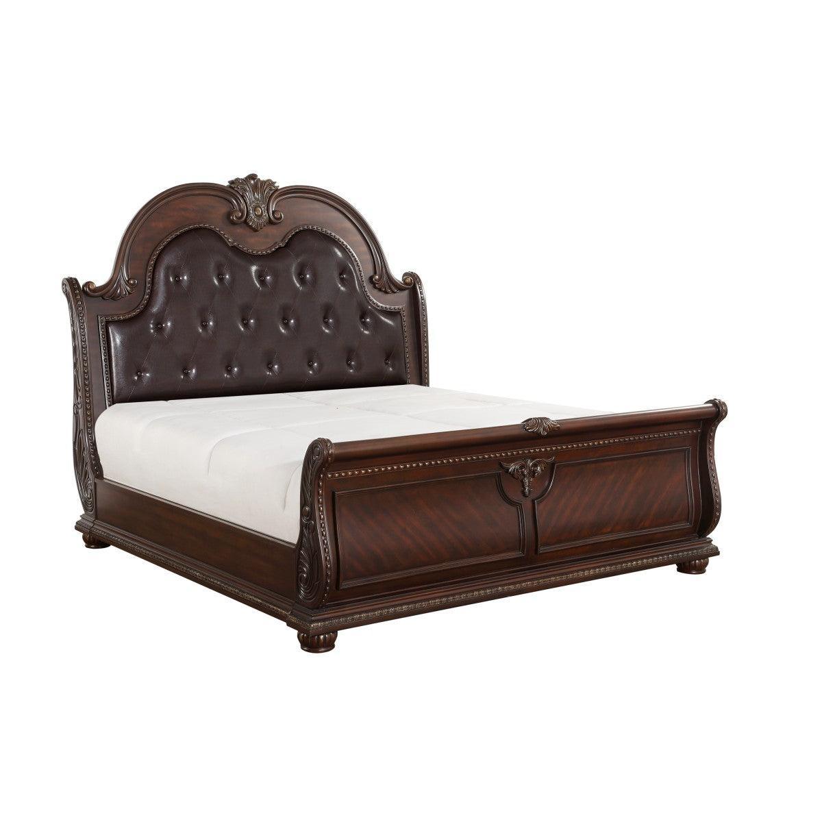 Cavalier Dark Cherry Wood And Engineered Wood Faux Leather Upholstered Tufted King Sleigh Bed - Ella Furniture