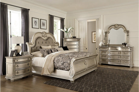 Cavalier Silver Modern Contemporary Solid Wood Faux Leather Upholstered Tufted Sleigh Bedroom Set - Ella Furniture