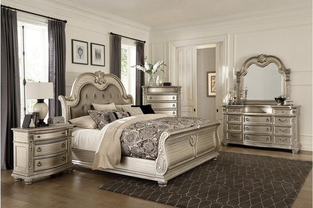 Cavalier Silver Modern Contemporary Solid Wood Faux Leather Upholstered Tufted Sleigh Bedroom Set - Ella Furniture