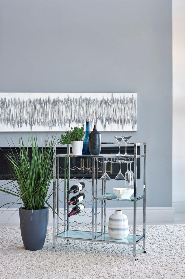 Derion Glass Shelf Serving Cart With Casters Chrome - Ella Furniture