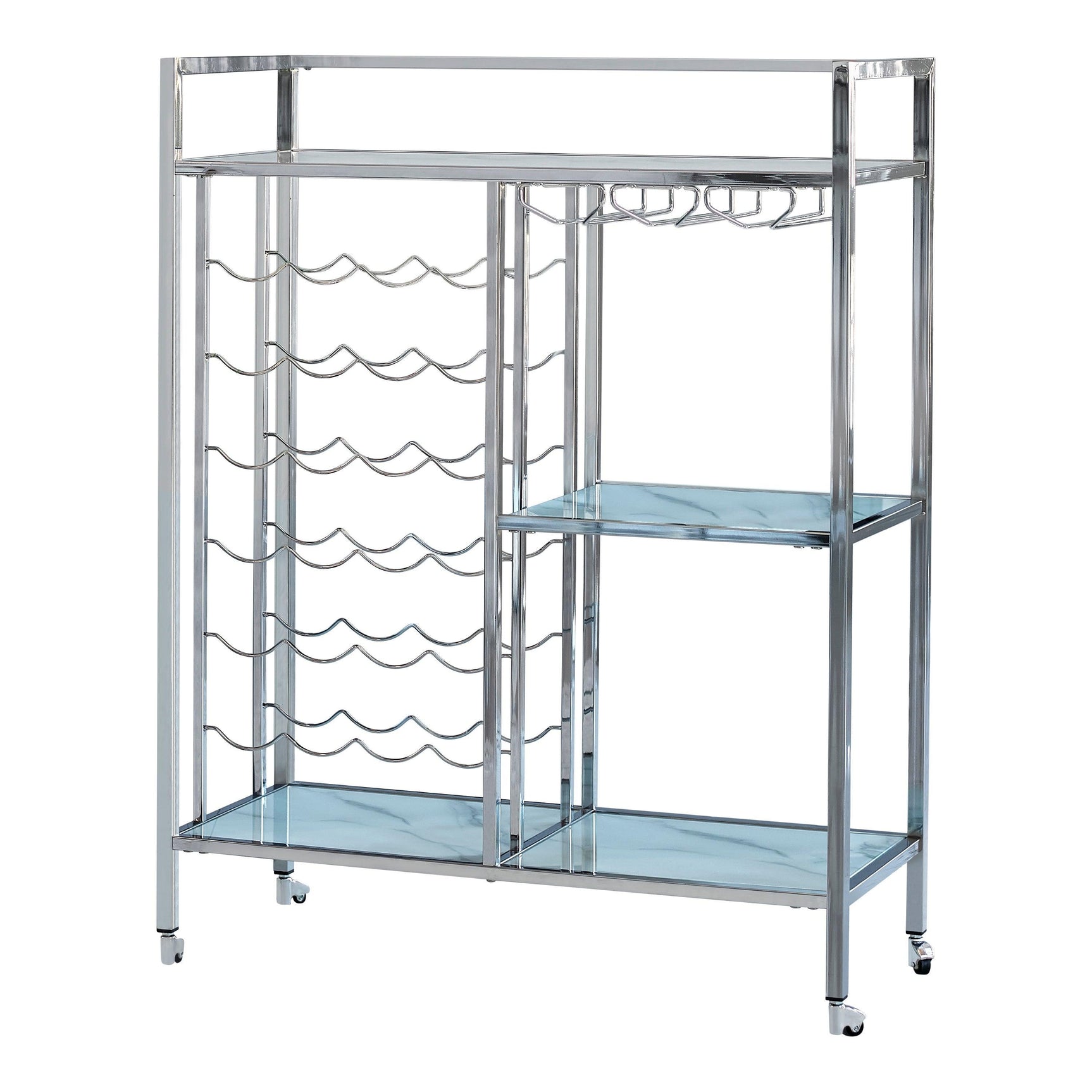 Derion Glass Shelf Serving Cart With Casters Chrome - Ella Furniture