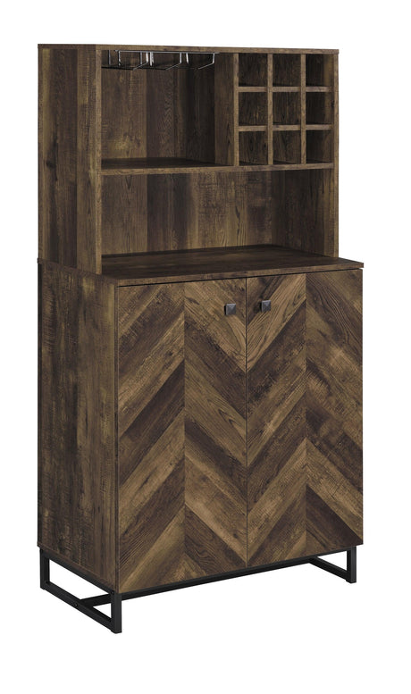 Mendoza 2-Door Wine Cabinet Rustic Oak Herringbone And Gunmetal - Ella Furniture