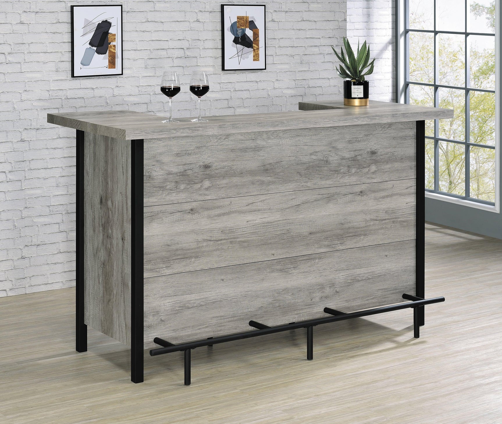 Bellemore Bar Unit With Footrest Grey Driftwood And Black - Ella Furniture