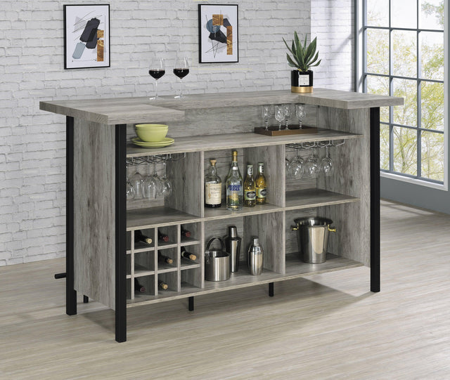 Bellemore Bar Unit With Footrest Grey Driftwood And Black - Ella Furniture