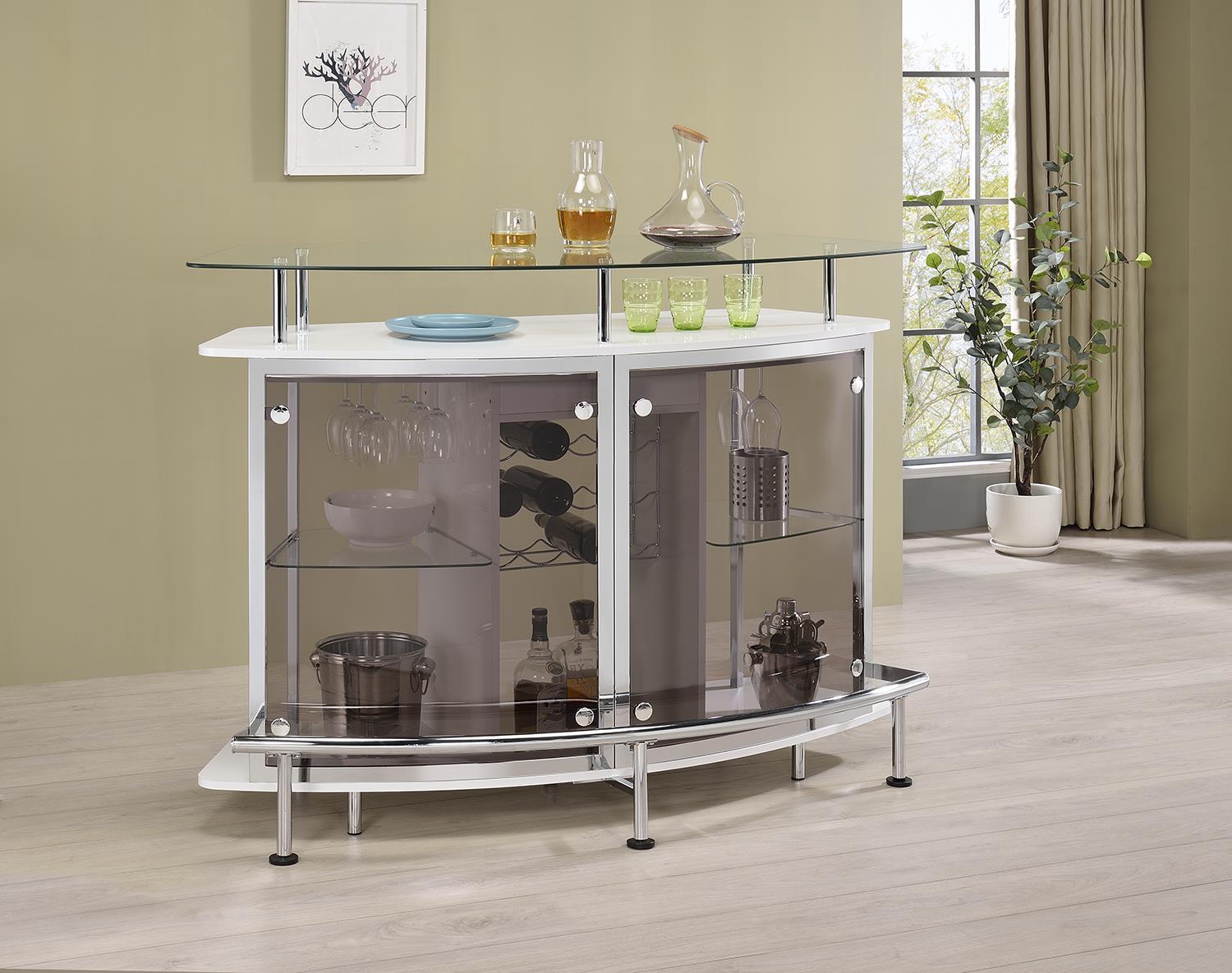 Gideon Crescent Shaped Glass Top Bar Unit With Drawer - Ella Furniture