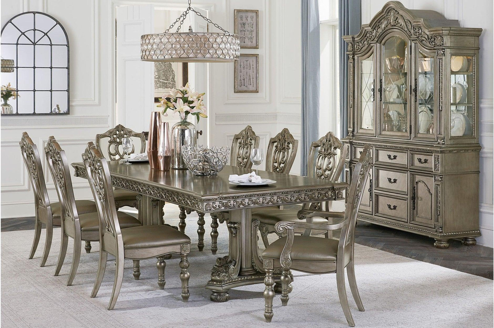 Catalonia Platinum Gold Finish Modern Solid Wood Faux Leather Seat Rectangular Dining Room Set - Ella Furniture