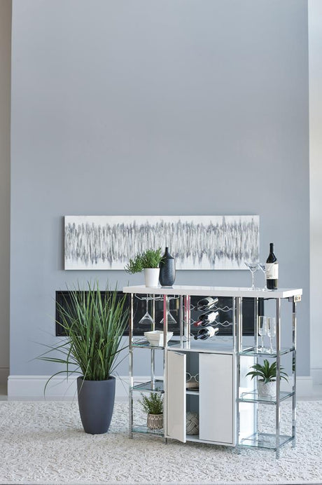 Gallimore 2-Door Bar Cabinet With Glass Shelf High Glossy White And Chrome - Ella Furniture
