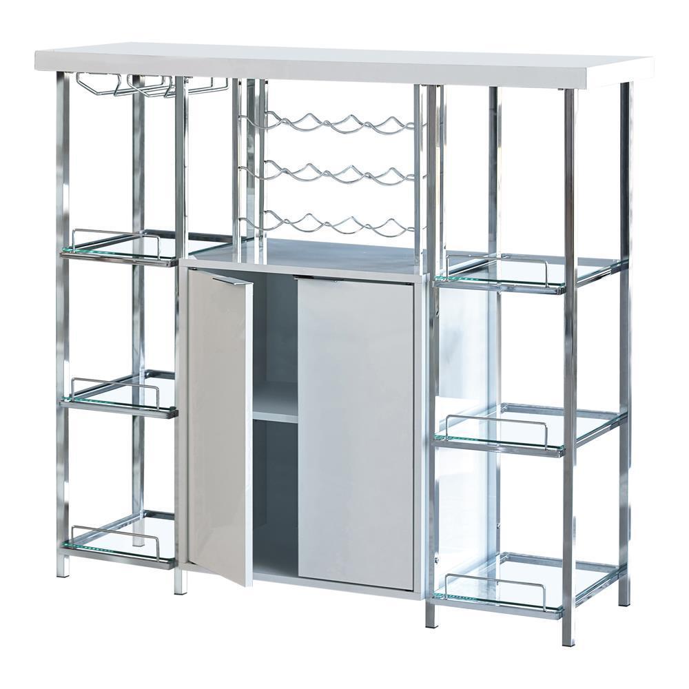 Gallimore 2-Door Bar Cabinet With Glass Shelf High Glossy White And Chrome - Ella Furniture