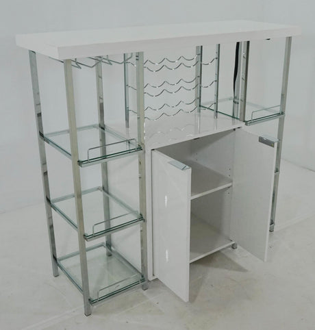Gallimore 2-Door Bar Cabinet With Glass Shelf High Glossy White And Chrome - Ella Furniture