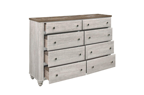 Nashville Two-tone Antique White/Brown Melamine Transitional Rustic Faux Wood Panel Bedroom Set - Ella Furniture