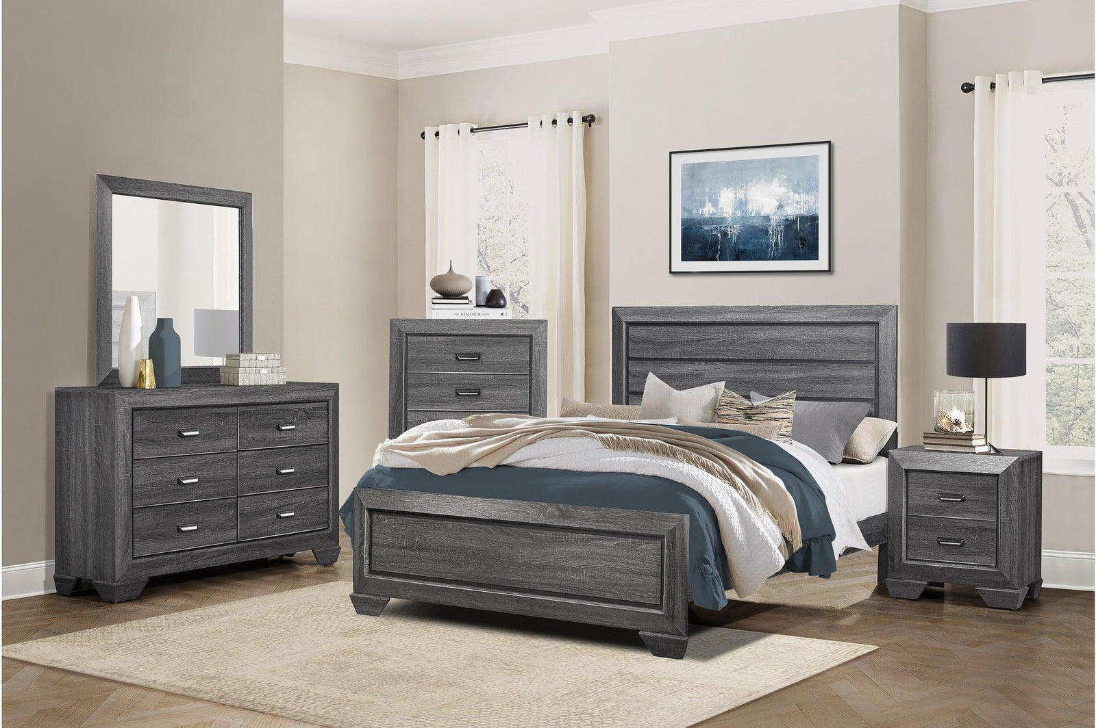 Beechnut Gray Contemporary Rustic Faux Wood Veneer Wood And Engineered Wood Panel Bedroom Set - Ella Furniture