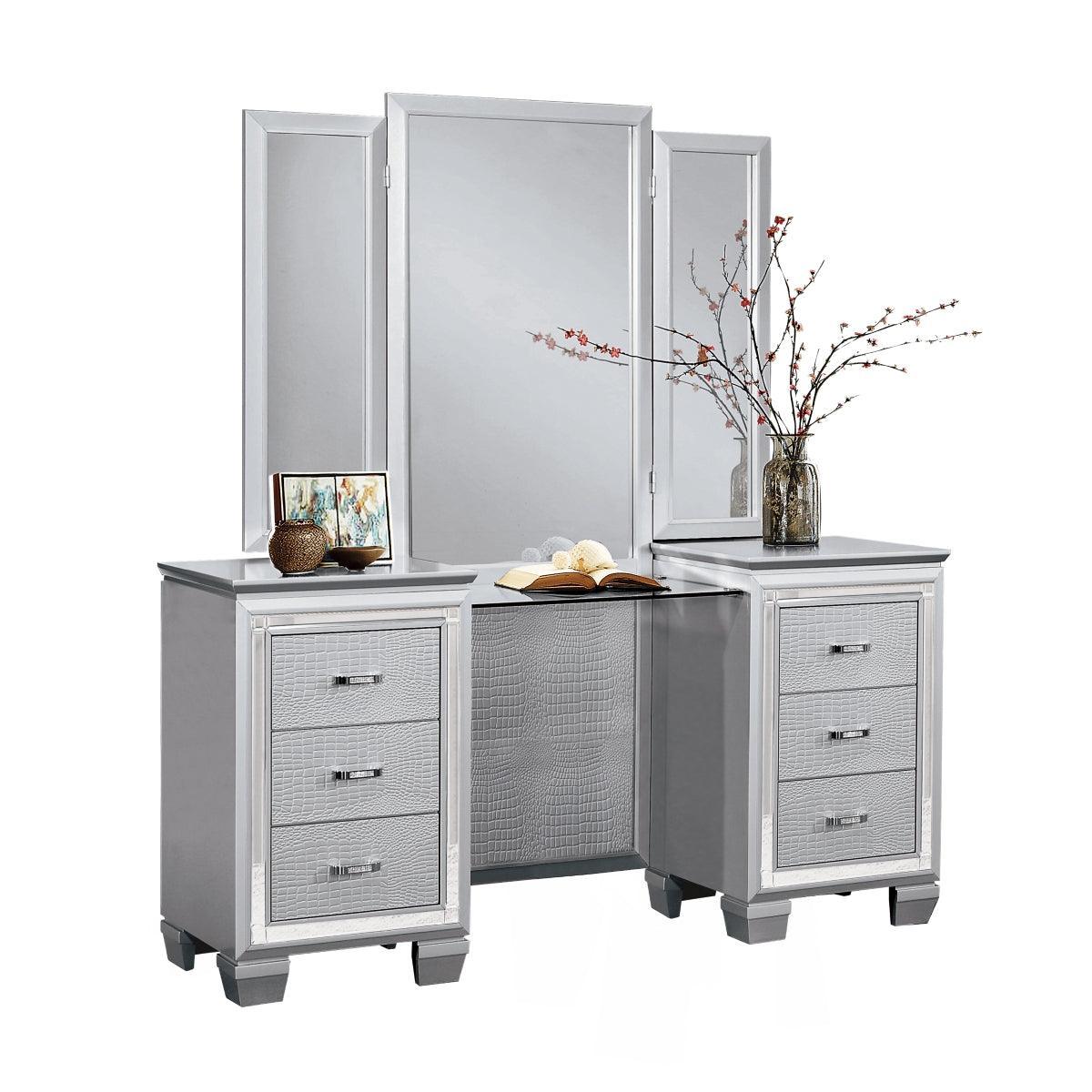 Allura Silver Faux Alligator Embossed Wood And Engineered Wood Vanity Dresser With Mirror - Ella Furniture