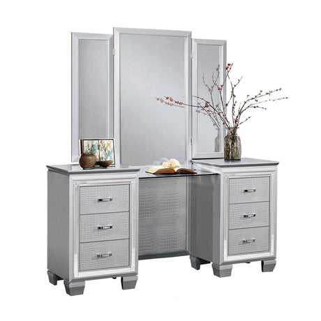 Allura Silver Faux Alligator Embossed Wood And Engineered Wood Vanity Dresser With Mirror - Ella Furniture