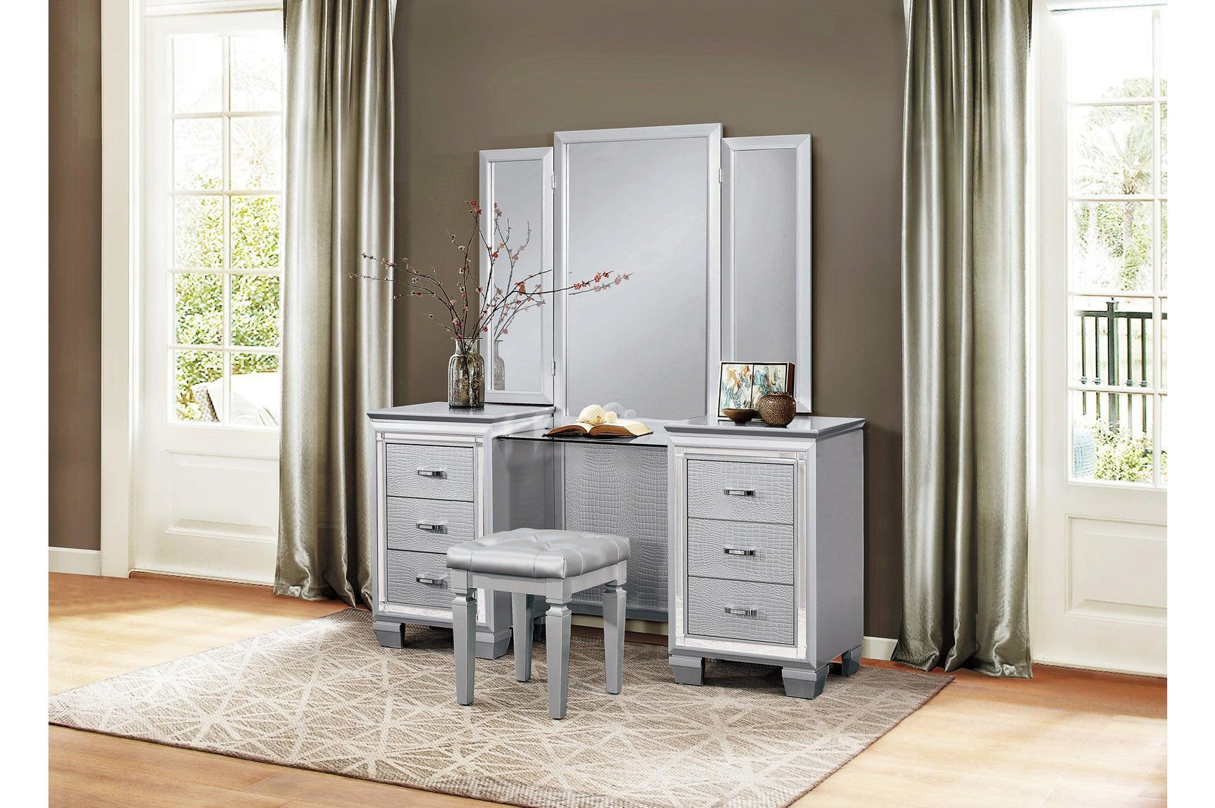 Allura Silver Contemporary Solid Wood Faux Leather Upholstered Tufted LED Panel Bedroom Set - Ella Furniture