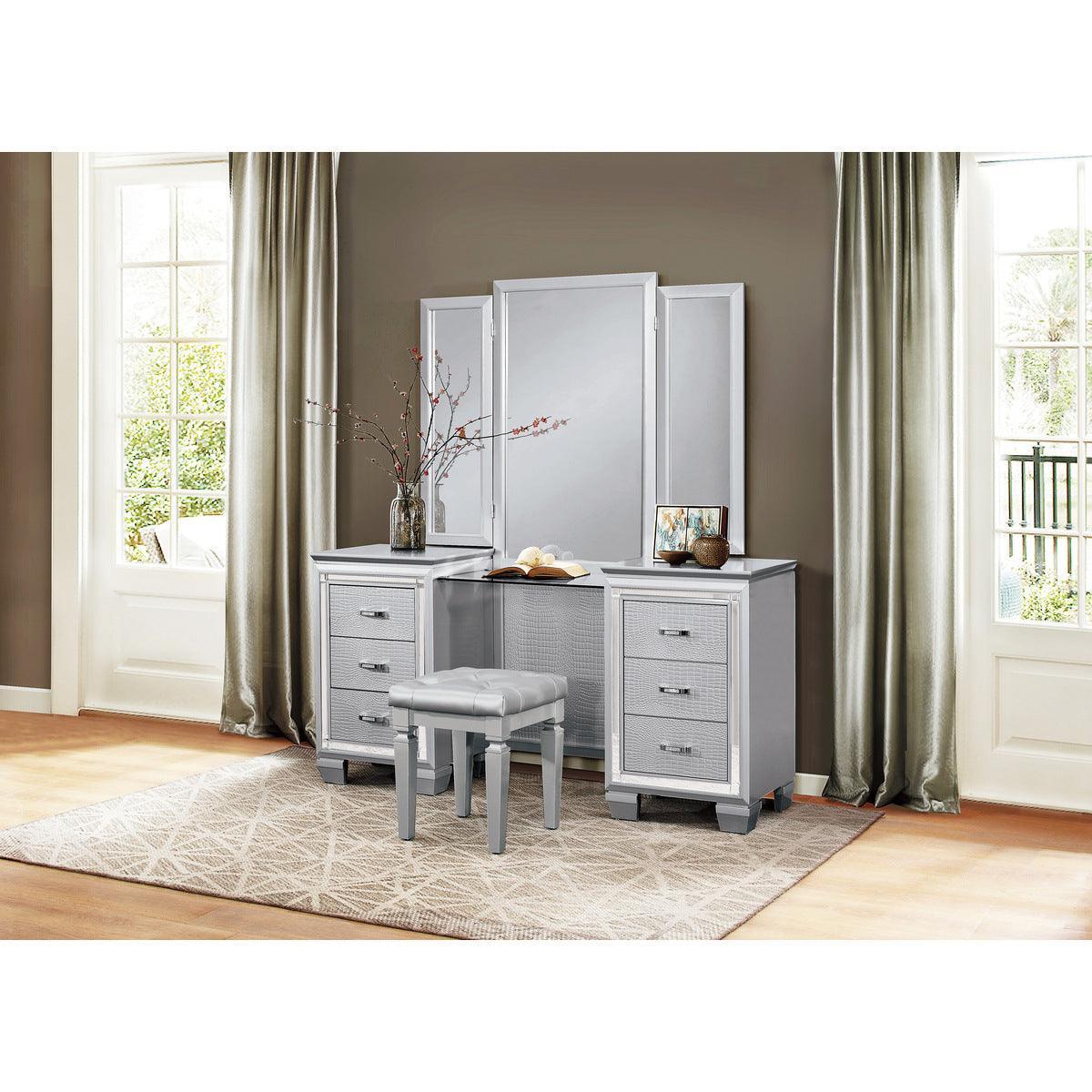 Allura Silver Faux Alligator Embossed Wood And Engineered Wood Vanity Dresser With Mirror - Ella Furniture