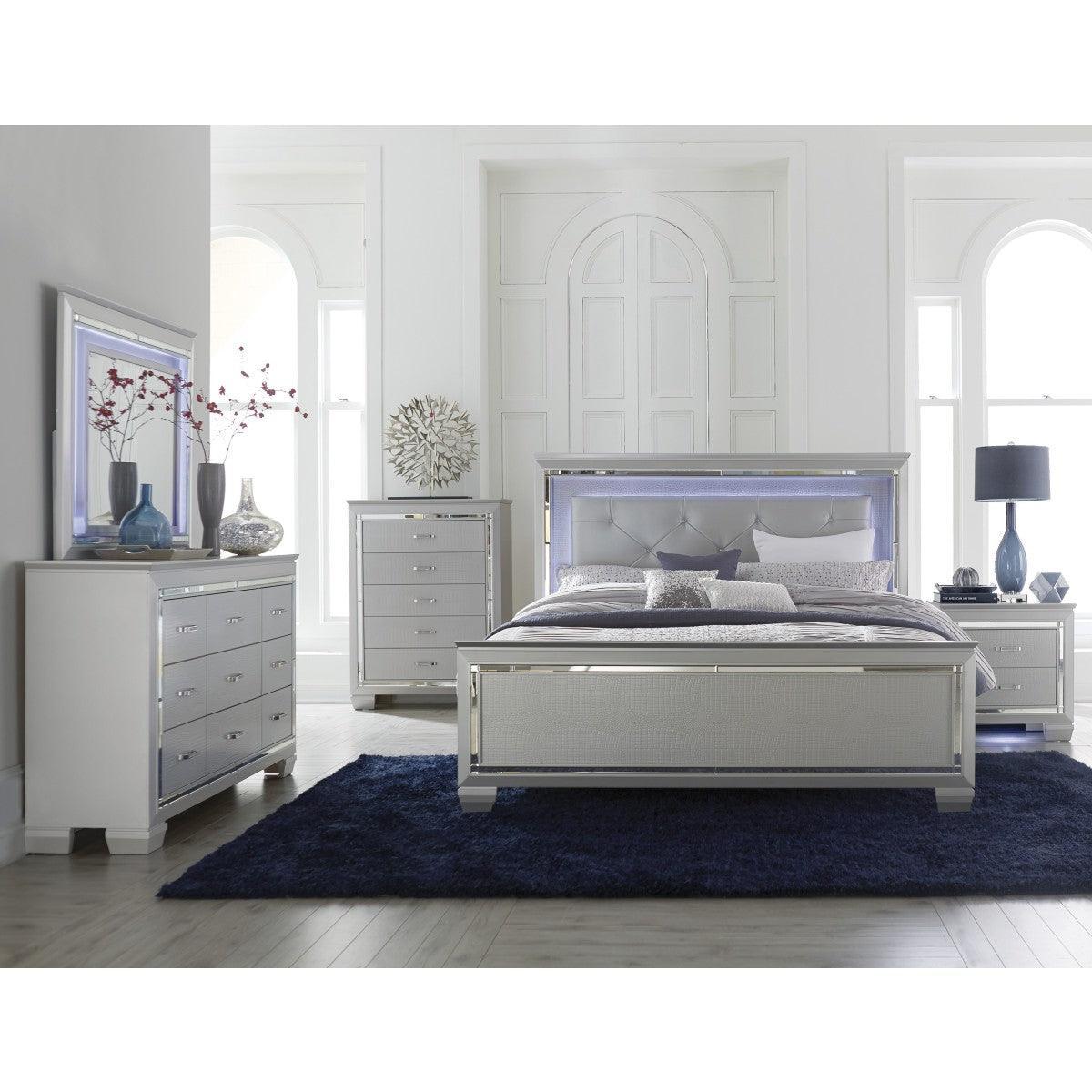Allura Silver Wood And Engineered Wood Faux Leather Upholstered Headboard Tufted Full Bed, LED - Ella Furniture