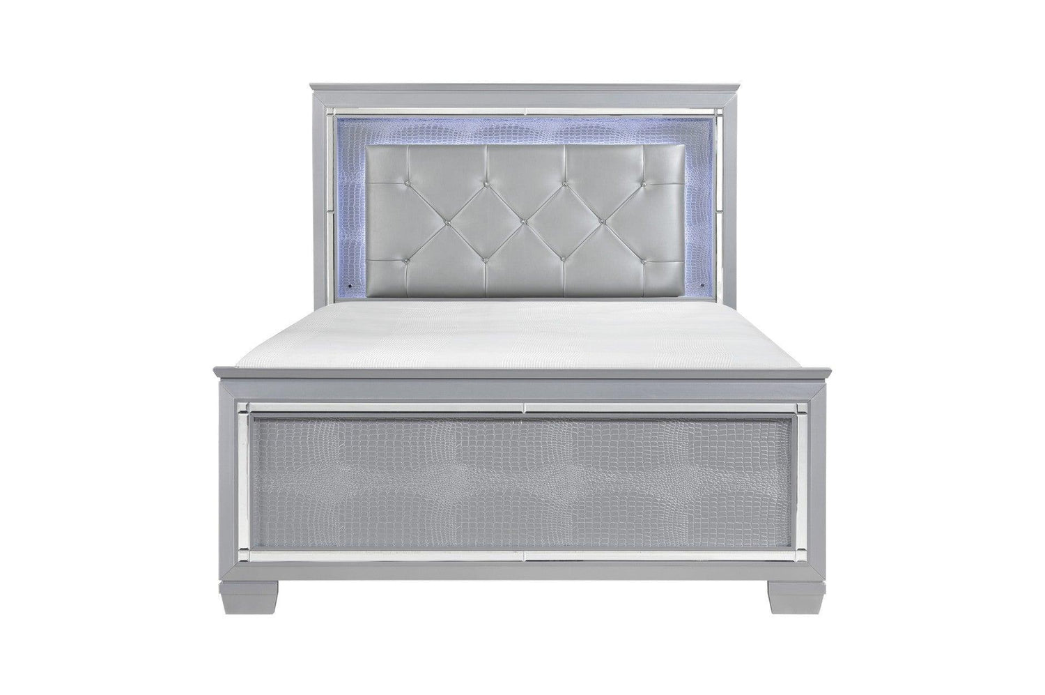 Allura Silver Contemporary Solid Wood Faux Leather Upholstered Tufted LED Panel Bedroom Set - Ella Furniture