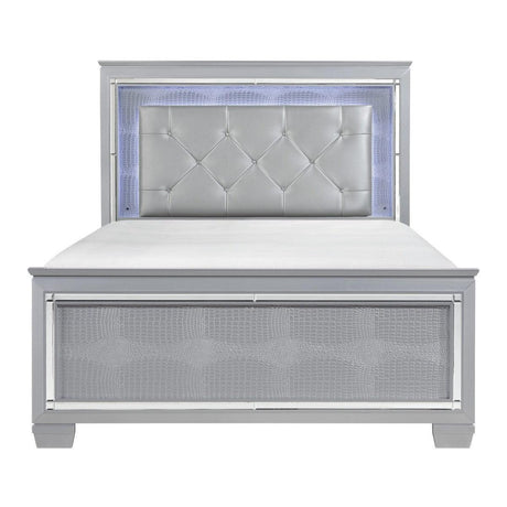 Allura Silver Faux Contemporary Wood Faux Leather Upholstered Tufted Queen Panel Bed, LED - Ella Furniture