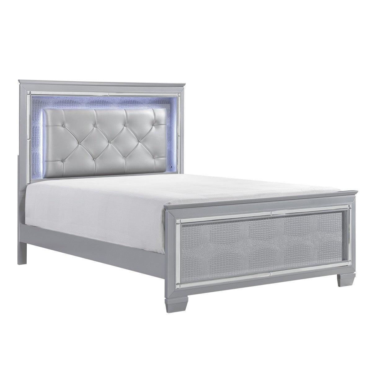Allura Silver Faux Contemporary Wood Faux Leather Upholstered Tufted Queen Panel Bed, LED - Ella Furniture