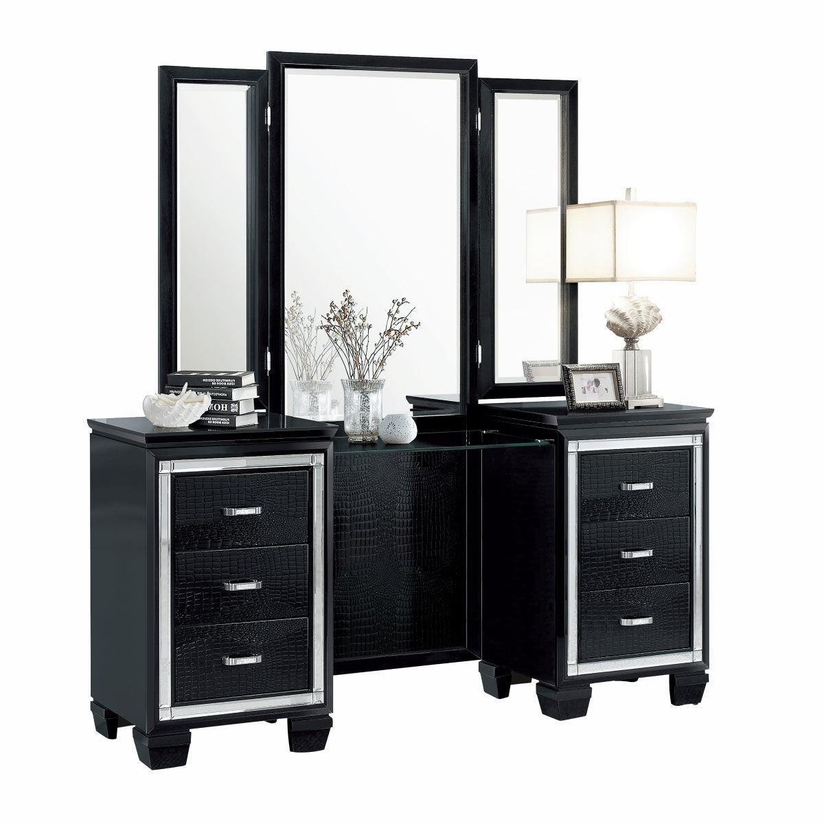 Allura Black Faux Alligator Embossed Wood And Engineered Wood Vanity Dresser With Mirror - Ella Furniture