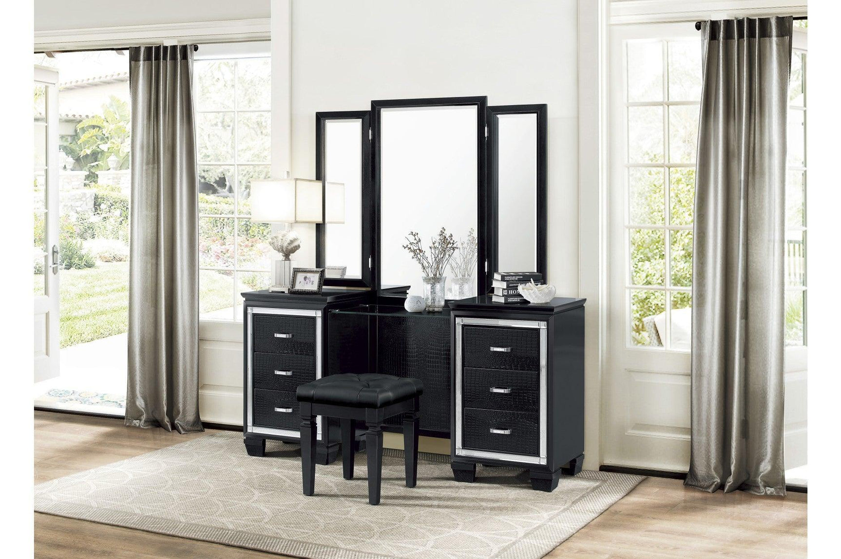 Allura Black Glamour Contemporary Solid Wood Faux Leather Upholstered Tufted LED Panel Bedroom Set - Ella Furniture