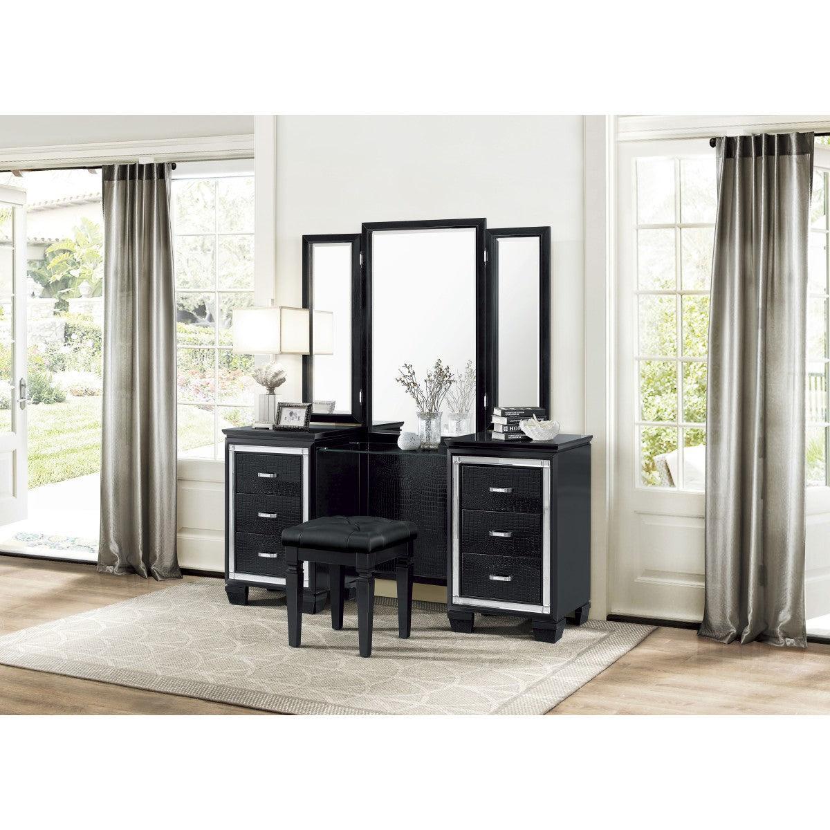 Allura Black Faux Alligator Embossed Wood And Engineered Wood Vanity Dresser With Mirror - Ella Furniture